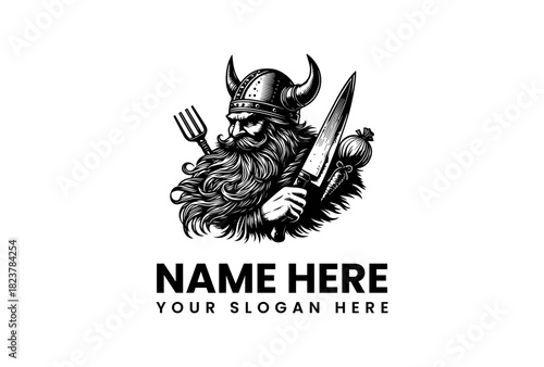 Vector logo illustration of a fierce Viking warrior with a beard and horns, holding a fork and knife, perfect for a restaurant or food brand