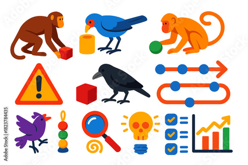 Curious Wildlife Exploration. Isometric vector illustration set Information-seeking behavior: primates and birds investigating new