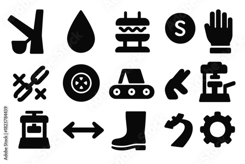 Vulcanization Icon Set. Solid style icons of vulcanization of rubber: rubber tree, latex droplet, heated press, sulfur atom,