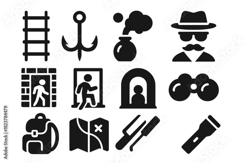 Covert Escape Tools. Solid style icons of Covert escape: rope ladder, grappling hook, smoke bomb, disguises, secret passage,