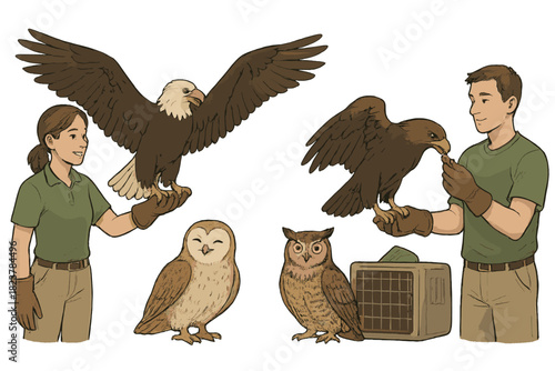 Eagle and Owl Recovery. Bird rehabilitation scene with eagles stretching wings, owls recovering happily, and trainers offering