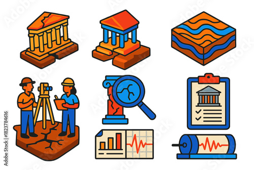 Archaeoseismology Icon Set. Isometric vector illustration set Archaeoseismology: damaged temples, offset foundations, liquefied