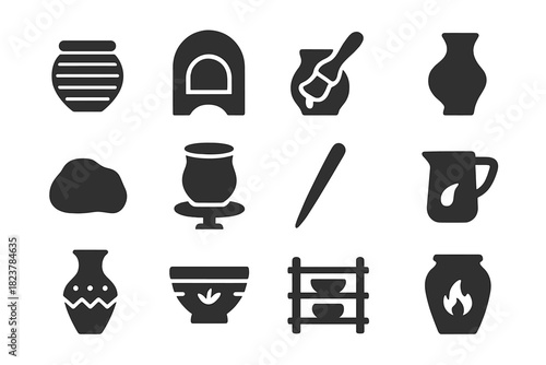 Artisan Pottery Icons. Solid style icons of Artisan Pottery: Coil Pot, Kiln, Glaze, Unique Piece, Clay Lump, Potter’s Wheel,
