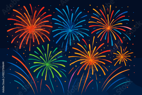 Vibrant Fireworks Celebration. Dynamic vector illustration fireworks display in vivid colors bursting across a dark sky, energetic