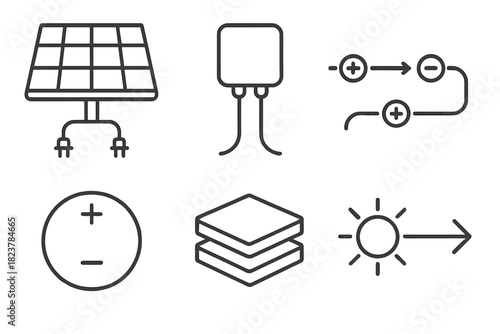 Solar Cell Process Icons. Line style icons of How Solar Cells Generate Electricity: solar panel with wires, junction box, electron