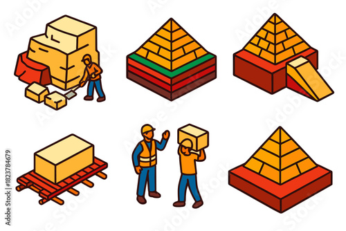 Pyramid Construction Methods. Isometric vector illustration set Geotechnical engineering of pyramids: limestone cutting, soil