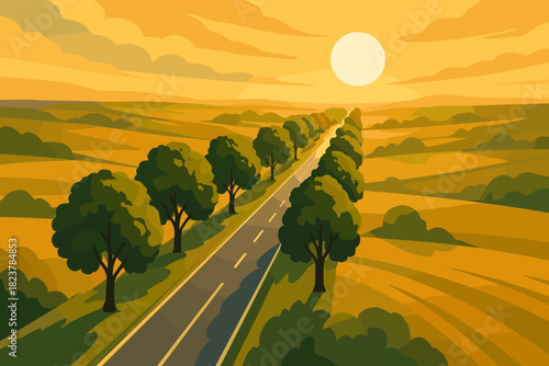 Tree-Lined Road Glow. Scenic aerial view of vector illustration a tree-lined road glowing under golden sunlight, serene and