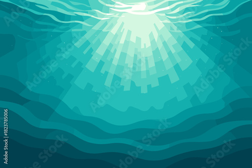 Sunlit Ocean Tranquility. Dynamic vector illustration underwater view of sun rays filtering through a turquoise ocean, serene and