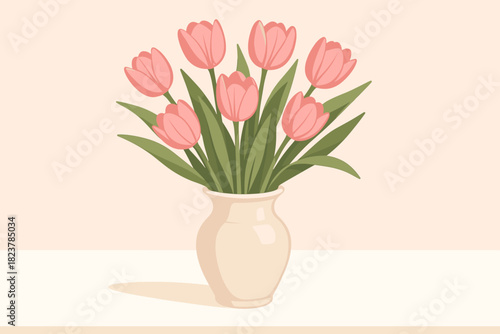 Ceramic Vase with Tulips. Elegant ceramic vase filled with fresh pink tulips placed on a vector illustration clean white table,