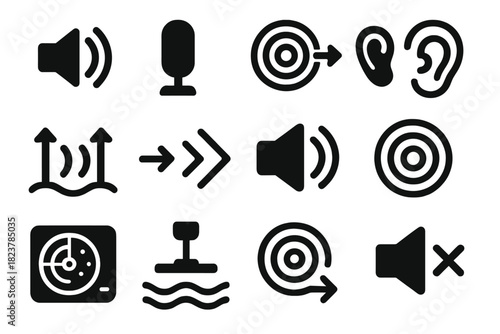 Sonar Icons Overview. Solid style icons of active vs. passive sonar: sound pulse emission, listening hydrophone, active sonar ping