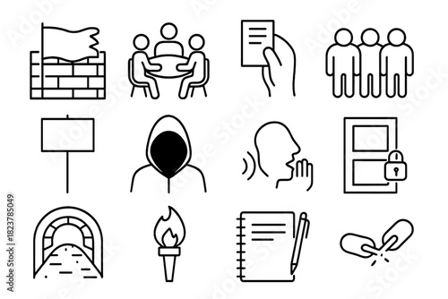 Resistance Icons Collection. Line style icons of Resistance Movement: Hidden Flag, Secret Meeting, Pamphlet, Oppressed People;