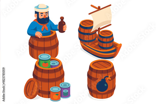 Historic Barrel Icons. Isometric vector illustration set Historic Barrel Uses: Sailor’s rum barrel, merchant shipping cask,