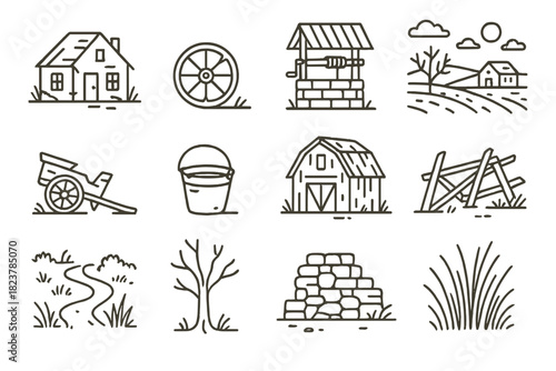 Rural Abandonment Icons. Line style icons of Rural Abandonment: Homestead, Wagon Wheel, Well, Expansive Landscape; Broken Cart,