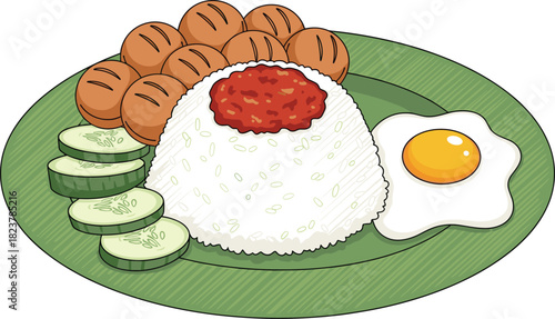 Cartoon Nasi Lemak Illustration: Rice with Sambal, Fried Egg, Sausage, and Cucumber Slices on a Green Plate for Malaysian and Indonesian Food.