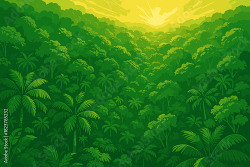 Golden Rainforest Glow. Aerial view of a dense tropical rainforest glowing under golden sunlight, vibrant green vector
