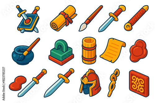 Sword & Scroll Emblems. Isometric vector illustration set Sword & Scroll: scholar warrior emblem, ancient scroll tied, calligraphy
