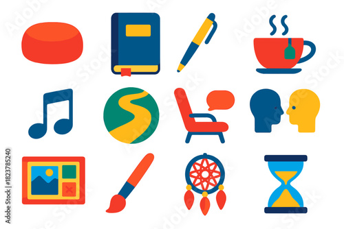 Integration Practices Icons. Flat vector icons of Integration Practices: meditation cushion, journal book, pen, herbal tea cup,
