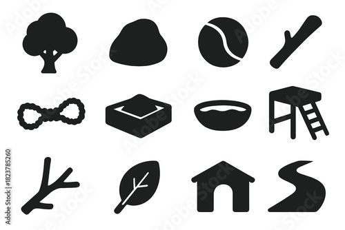 Animal Enrichment Icons. Solid style icons of environmental enrichment and animal activity: tree, rock, ball, stick, rope, sandbox