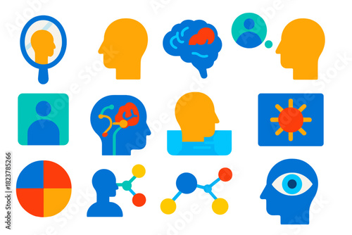 Mind Reflection Icons. Flat vector icons of self-representation in the brain: mirror, silhouette, brain with highlighted