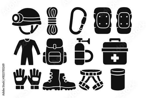 Cave Exploration Essentials. Solid style icons of cave exploration gear: helmet with light, rope coil, carabiner, knee pads,