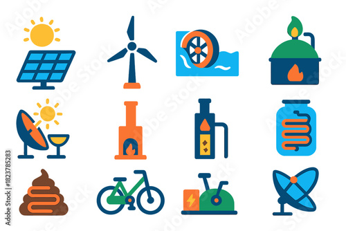 Renewable Energy Icons. Flat vector icons of Renewable Energy in Permaculture: solar panel, wind turbine, micro hydro wheel,