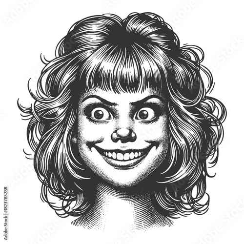 ecstatic woman with wide eyes and curly hair, capturing expressive joy and energetic retro character style sketch engraving generative ai vector illustration. Scratch board. Black and white image.