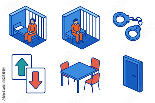 Prison Dilemma Icons. Isometric vector illustration set Prisoner’s Dilemma: two prison cells, separated prisoners, handcuffs,