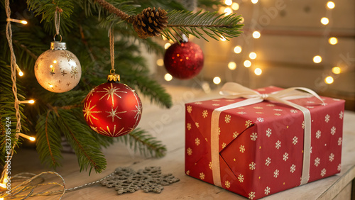 Christmas themed background featuring ornaments, a gift box with a red ribbon, and pine branches for seasonal decorations