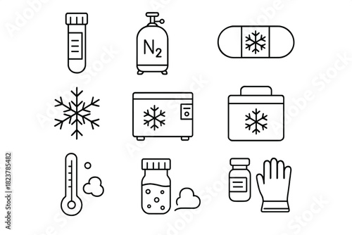 Cryogenic Storage Icons. Line style icons of cryogenic storage: frozen vial, nitrogen tank, sealed capsule, frost crystal; cooling