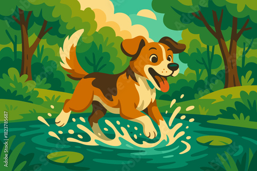 Energetic Dog Splashing. Playful dog splashing through a shallow pond surrounded by trees, vibrant natural tones, vector