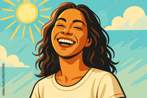 Radiant Woman in Sunlight. Joyful vector illustration portrait of a young woman with a radiant smile under bright sunlight,