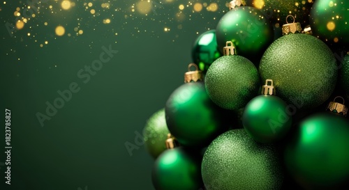 Elegant emerald christmas ornaments with festive bokeh lights background