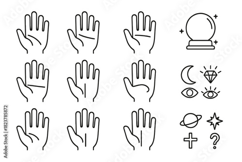 Divination Tool Icons. Line style icons of Divination Tools: Palm Lines, Life Line, Hand Mounts, Fortune Telling; Heart Line, Head
