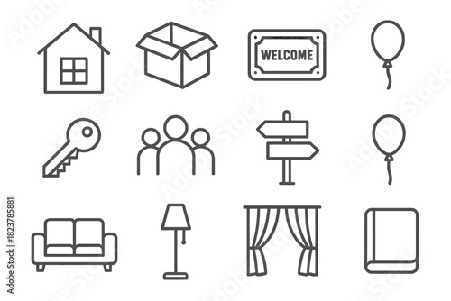 New Home Essentials. Line style icons of New Beginnings: Empty House, Moving Box, Welcome Mat, Garden Plant; Key, Family