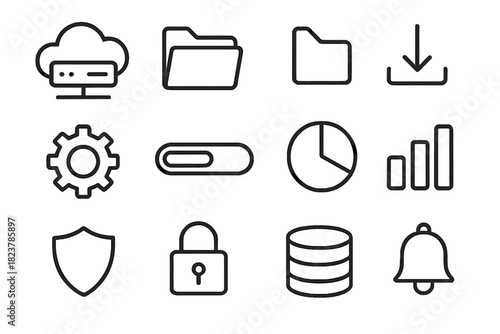 Digital Workflow Icons. Line style icons of digital workflow: cloud server, folder, upload arrow, download arrow; settings gear,