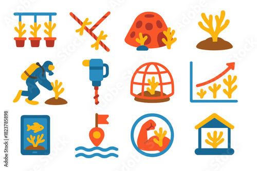 Coral Restoration Icons. Flat vector icons of coral reef restoration: coral fragment nursery, rope structure, artificial reef dome