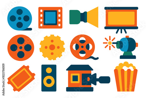 Cinema Icons Collection. Flat vector icons of Film Projection: projector reel, film gate, projection lens, cinema screen, film