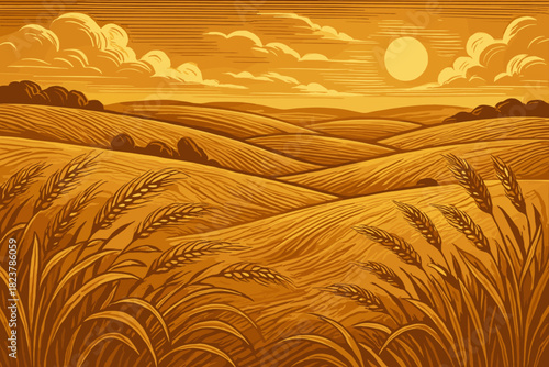 Golden Wheat Fields. Golden vector illustration hour shot of rolling wheat fields swaying in the breeze under a vibrant sky, rich