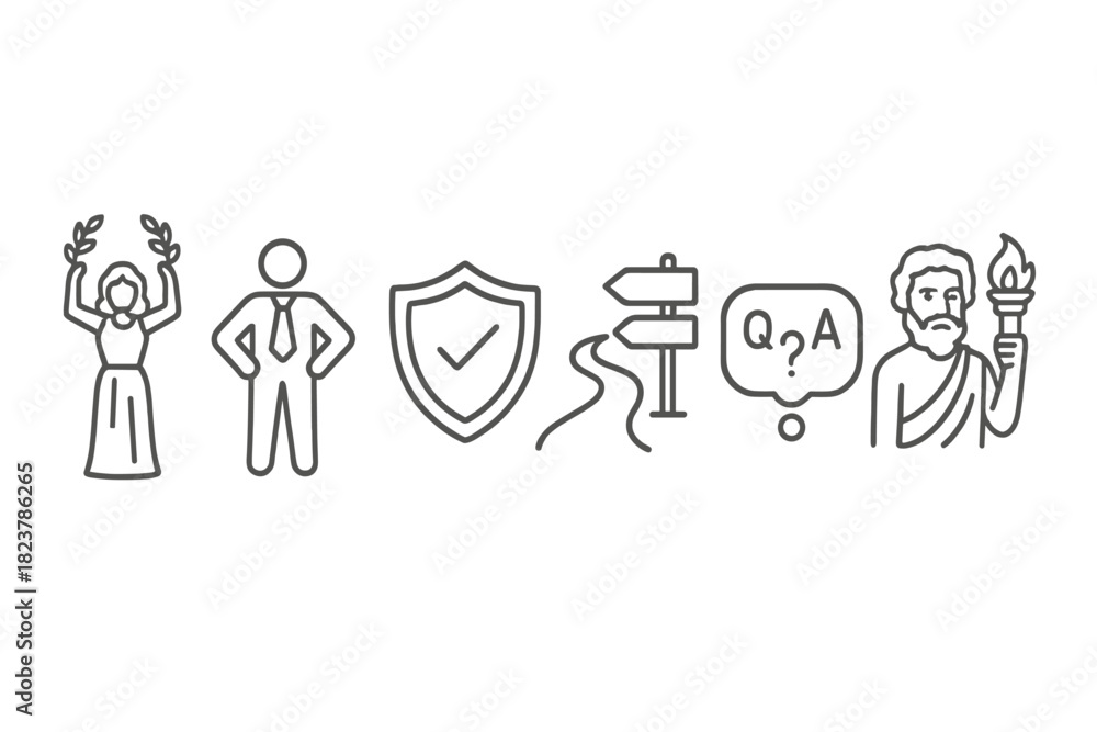 Obraz premium Moral Law Icons. Line style icons of Moral Foundations of Law: virtue icon, duty-bound figure, rights shield, consequentialist