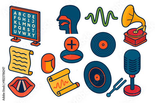 Vintage Phonetics Icons. Isometric vector illustration set Vintage Phonetics: IPA alphabet wall chart, side vocal tract diagram,