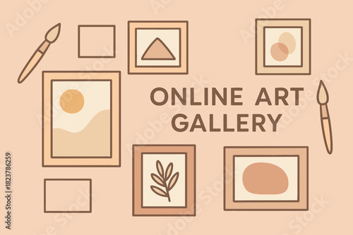 Pastel Art Gallery. Flat design banner for online art gallery, vector frames, paintbrush icons, pastel aesthetic, and minimalist