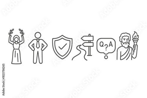 Moral Law Icons. Line style icons of Moral Foundations of Law: virtue icon, duty-bound figure, rights shield, consequentialist