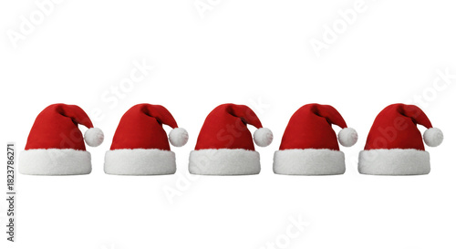 Six identical crimson velvet santa hats with white faux fur trim in a line, sharp focus on plush texture, against a high-key transparent studio backdrop. Luxurious christmas product display