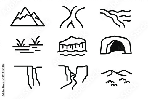 Geographic Feature Icons. Line style icons of geographic features: mountain peak, river delta, coastline, valley; swamp, glacier,