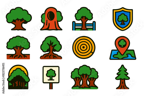 Ancient Tree Icons. Flat vector icons of ancient tree preservation: giant oak, hollow trunk, protected tree fence, conservation