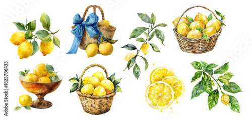 Italian lemon collection featuring Mediterranean watercolor designs, Amalfi coast motifs, vintage stamps, baskets, and decorative sea-inspired patterns