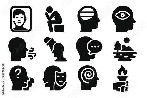 Icons of Self-Awareness. Solid style icons of self-awareness: mirror face, introspective figure, layered mind, third eye symbol,