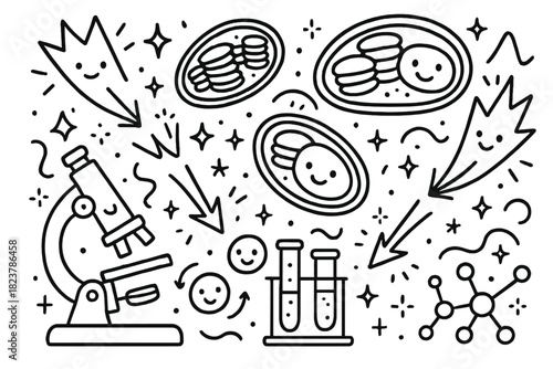 Whimsical Quantum Lab. Whimsical doodle quantum biology lab with smiling chloroplasts, cartoon light beams bouncing, cheerful