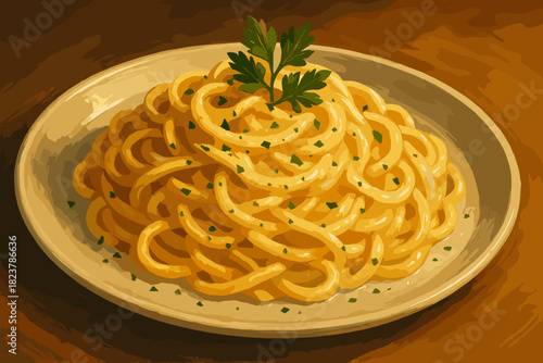 Gourmet Creamy Pasta Delight. Gourmet plate of creamy pasta garnished vector illustration with fresh parsley, sharp textures and