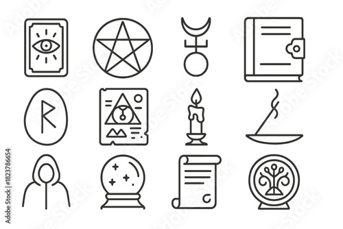 Arcane Study Icons. Line style icons of Arcane Study: Tarot Card, Pentacle, Hermetic Symbol, Secret Manuscript; Rune Stone,